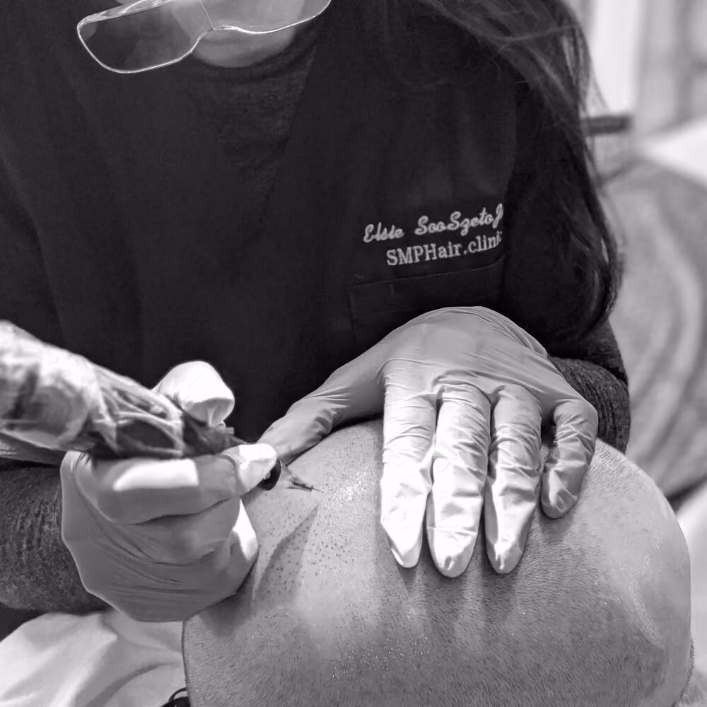 Scalp Micropigmentation in progress, Elsie applying pigment.